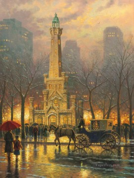 three women at the table by the lamp Painting - Chicago Winter at the Water Tower TK Christmas
